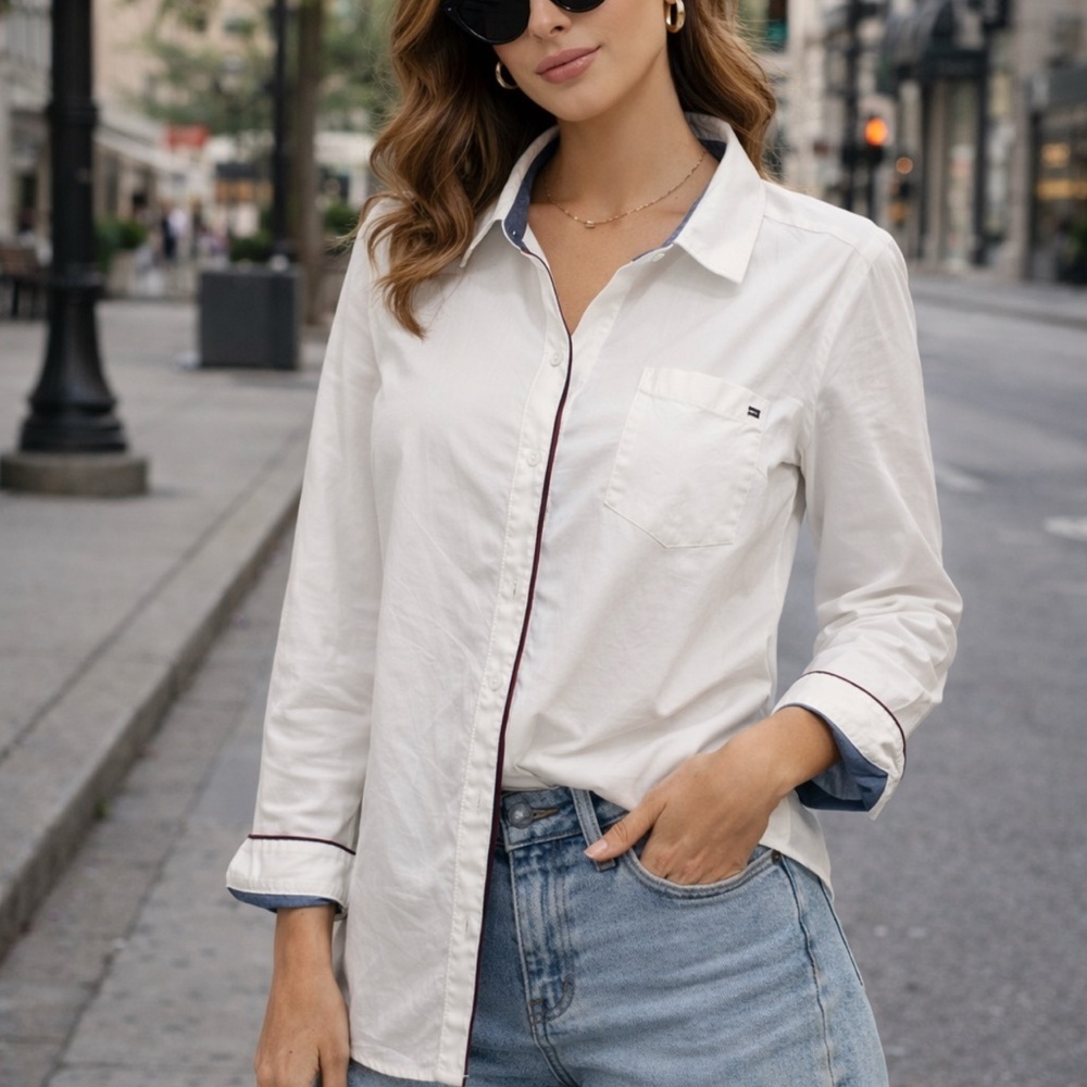Tommy Hilfiger White Button-Down Shirt with Navy Accents Size Large